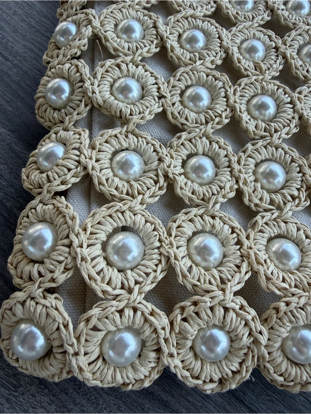 Haute Hippie Style Crochet Pearl Tote Bag Cream Woven Macrame Raffia Purse
